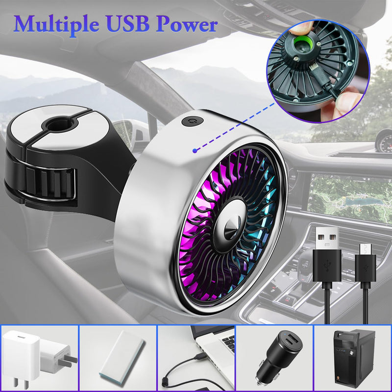  [AUSTRALIA] - Ouffun Car Seat Fan, Mini USB Car Fan for Backseat Car Cooling Fan with LED Colorful Lights, 3 Speeds Strong Wind, Brushless Motor Mute Run, Adjustable Clip Electric Fan for Cars Vans RV SUV Truck