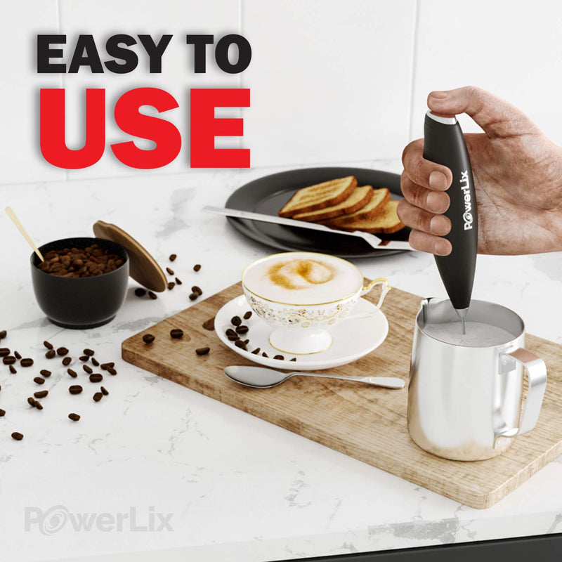  [AUSTRALIA] - New Double whisk + Improve Motor - PowerLix Milk Frother Handheld Battery Operated Electric Foam Maker For Coffee, Latte, Cappuccino, Durable Drink Mixer With Stainless Steel Whisk,Stand Include (Black) Black