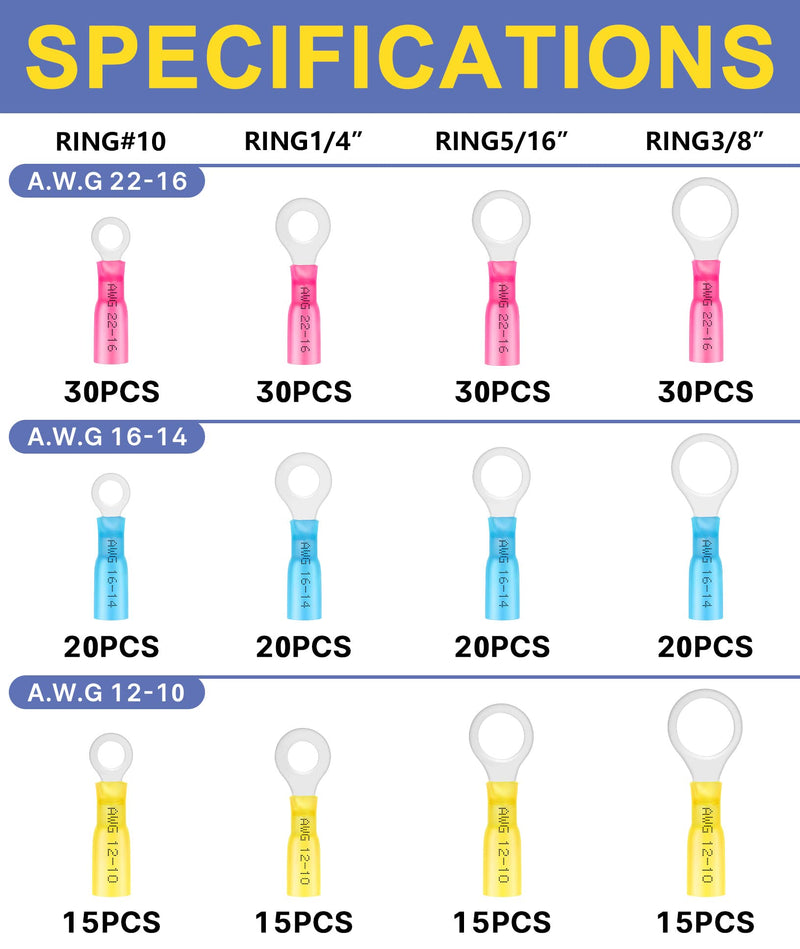  [AUSTRALIA] - haisstronica 260PCS Marine Grade Heat Shrink Ring Connectors-Heat Shrink Wire Connectors Tinned Red Copper #10,1/4",5/16",3/8"(3Colors/4Sizes),16-14 22-16 12-10 Gauge Insulated Ring Crimp Terminals 260PCS Ring Terminals Kit