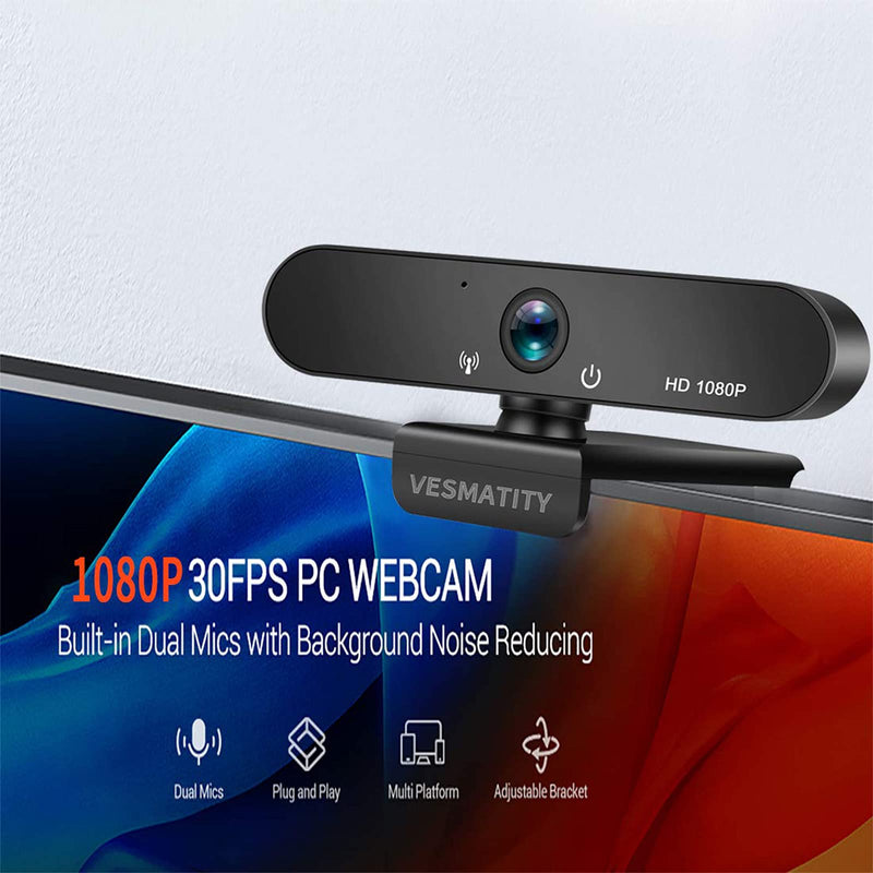  [AUSTRALIA] - 1080P Webcam with Microphone VESMATITY HD Web Camera with Auto Light Correction Plug and Play USB Webcam and Wide View Angle for Desktop/Streaming/Video Calling Recording/Meeting/Online Teaching