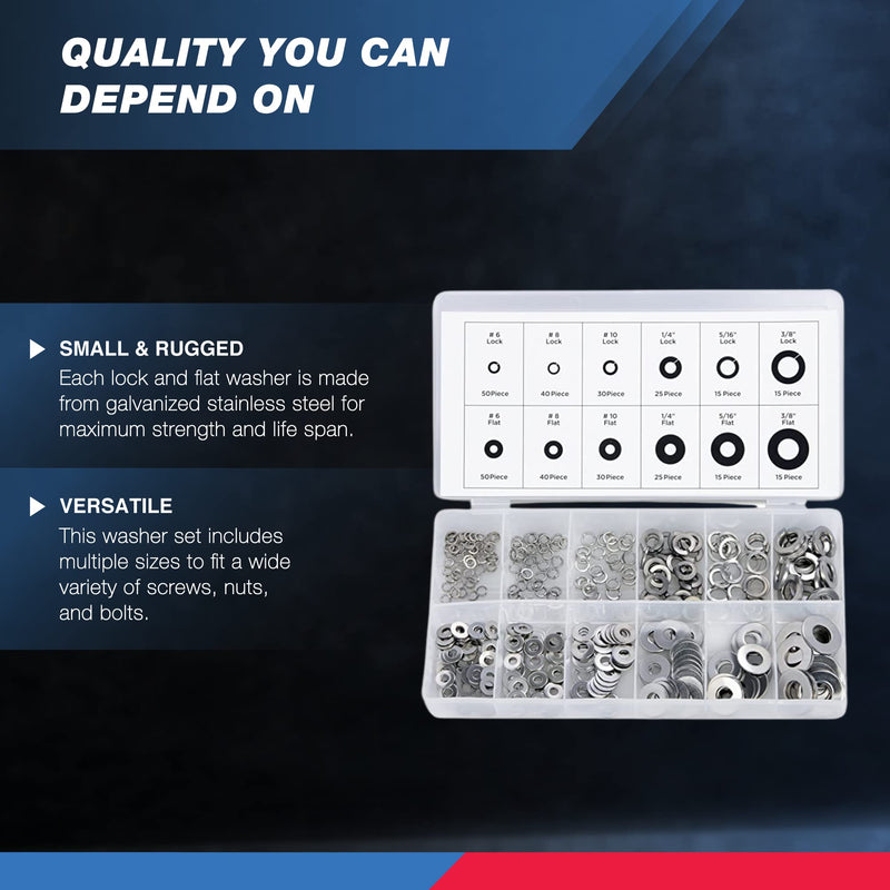  [AUSTRALIA] - NEIKO 50400A Stainless Steel Lock and Flat Washer Assortment | 350 Piece Set | 12 Different Sizes in Spring Lock and Flat Design | Prevent Loose Fasteners