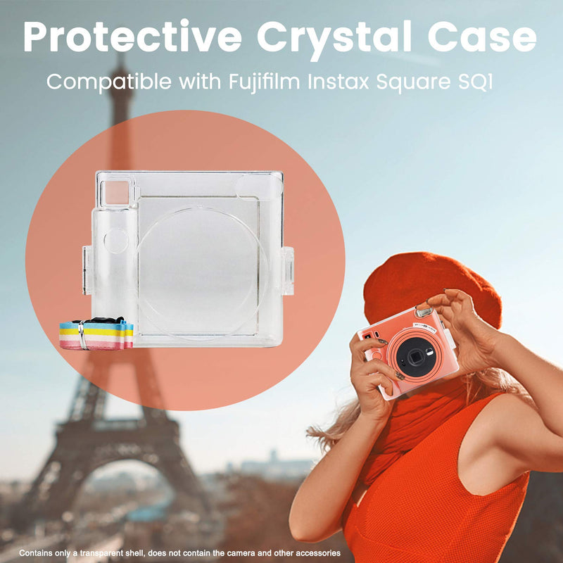  [AUSTRALIA] - Protective Clear Case for Fujifilm Instax Square SQ1 Instant Film Camera, Crystal Hard PC Cover for Instax Square SQ1 with Removable Rainbow Shoulder Strap