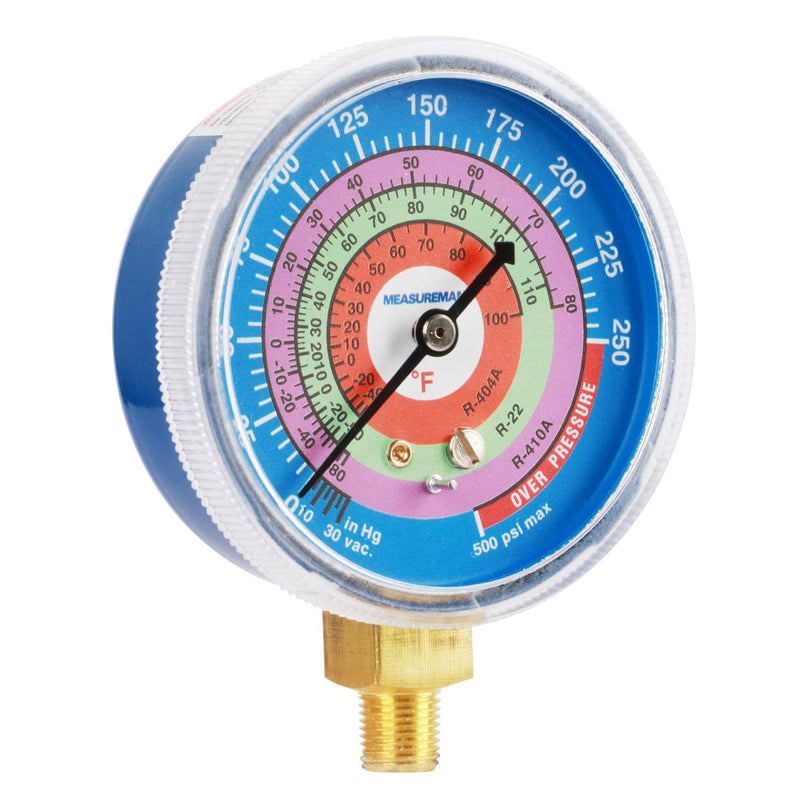  [AUSTRALIA] - Measureman Refrigeration Pressure Gauge, 2-3/4" Dial, Blue Dial, 1/8" NPT Lower Mount, 30inHg-0-250psi, 250-500psi Retarded Range, R-404A, R-22, R-410A, Degree F, Adjustable Pointer