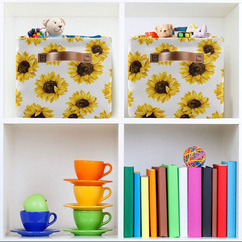  [AUSTRALIA] - Rectangular Storage Basket Storage Bin - Vintage Sunflower Floral Colorful Collapsible Storage Box with Leather Handles Laundry Baskets Organizer for Kitchen 01-Sunflowers