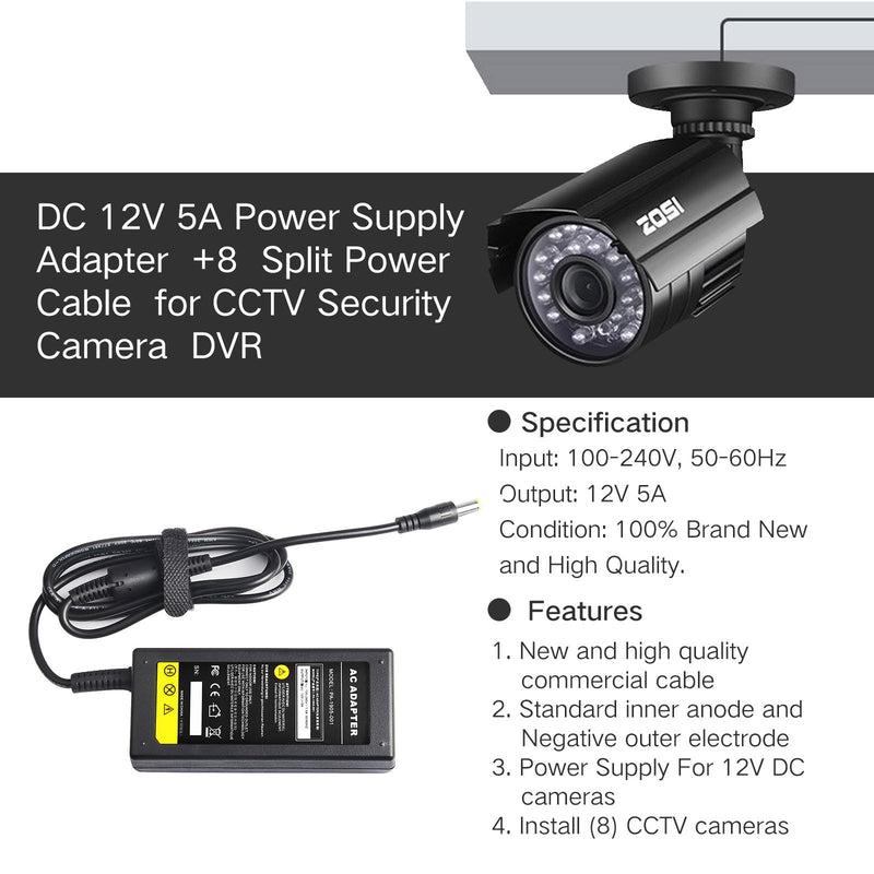  [AUSTRALIA] - Fancy Buying Security Camera Power Adapter 12V 5A 100V-240V AC to DC 8-Way Power Splitter Cable FCC Certified LED Power Adapter Transformers-Fits Analog/AHD DVR/Camera, RGB LED Strip Lights