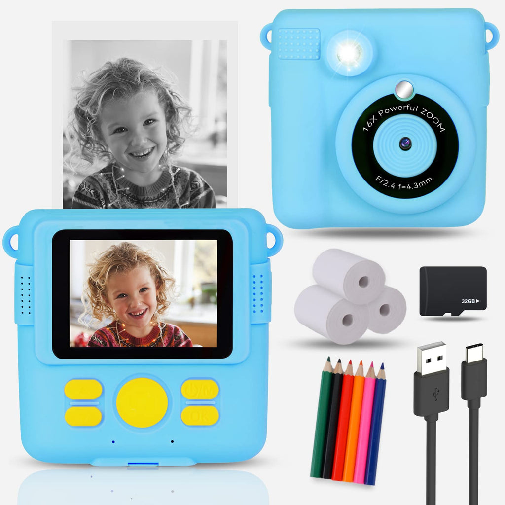  [AUSTRALIA] - YTETCN Instant Print Camera for Kids 3-12 Years Old, Black and White Kids Print Camera with SD Card, 8MP Photo, 1080P Video, 3 Rolls Photo Paper & 6 Colored Pencils (Azure) Azure