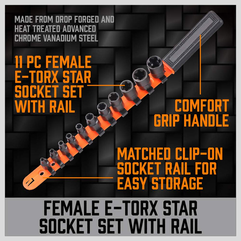  [AUSTRALIA] - HORUSDY 11 Pc Female E Torx Star Socket Set/Rail, Female External Star Socket Set E4 - E20 Torque Socket Set