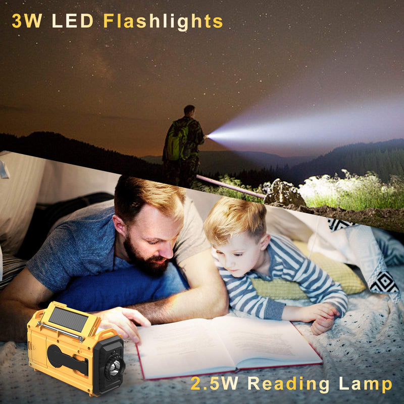 Weather Radio Raynic 5000mAh Solar Hand Crank Emergency Radio 5 Ways Powered AM/FM/SW/NOAA Weather Alert Portable Radio with Flashlight, Reading Lamp, Cellphone Charger and SOS Alarm (Yellow) - LeoForward Australia