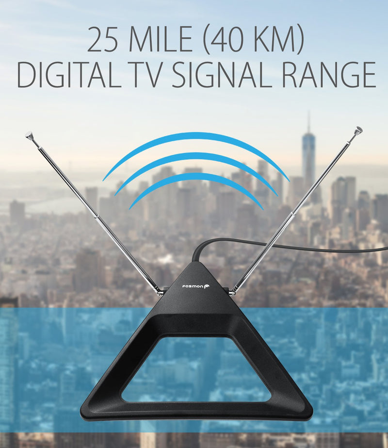  [AUSTRALIA] - Fosmon HDTV Antenna 25-40 Miles Range, Indoor Rabbit Ear TV Antenna, Retractable Dipoles [Wall Mountable or Tabletop] with 5FT Cable Support 4K Ready, ATSC 3.0, UHF, VHF, 1080p Free TV Channel