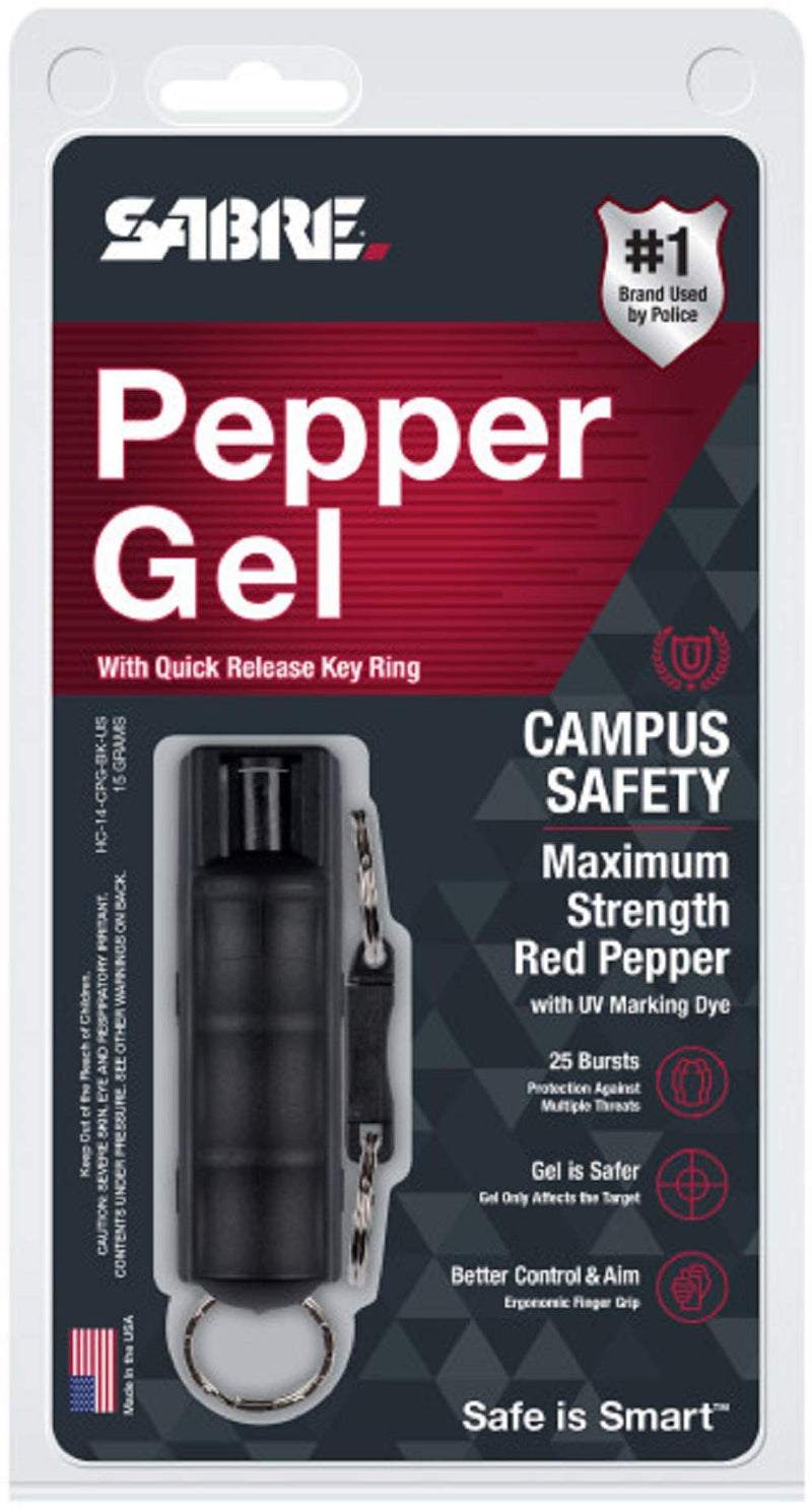  [AUSTRALIA] - SABRE RED Campus Safety Pepper Gel with Quick Release Key Ring, 25 Bursts, 12-Foot (4-Meter) Range, Gel is Safer, Ergonomic Finger Grip Black Pepper Gel