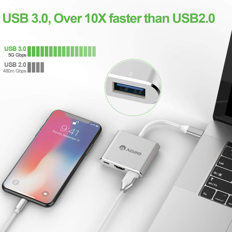 USB C to HDMI Adapter, 4K USB Type-C (Thunderbolt 3) Multiport Hub, 3 in 1 HDMI Port, USB 3.0 Port and USB C Fast Charging Port, Compatible with MacBook Pro 2020/2019, Ipad pro 2020 (Silver) SILVER - LeoForward Australia