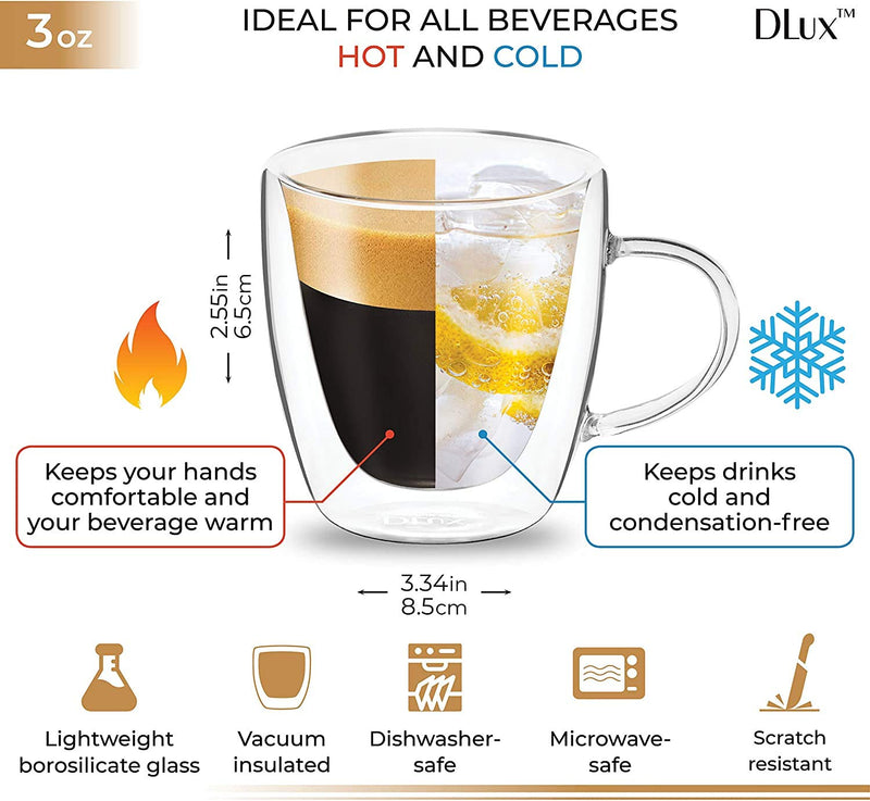  [AUSTRALIA] - DLux Espresso Coffee Cups 3oz, Double Wall, Clear Glass set of 4 Glasses with Handles, Insulated Borosilicate Glassware Tea Cup 5. Pack of 4 - 3oz Borosilicate Cups with Handle