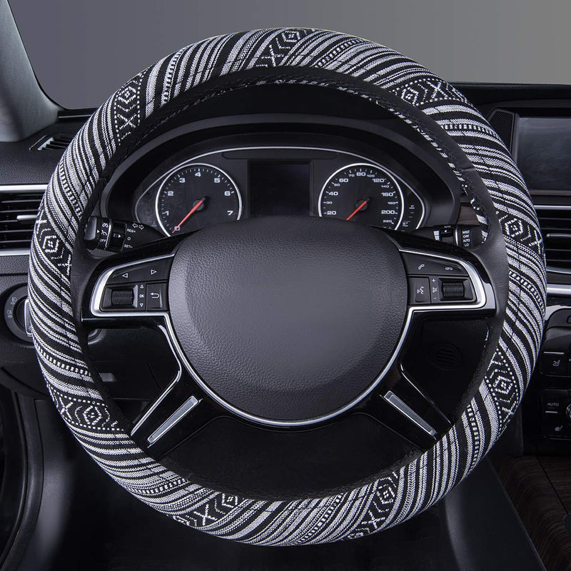  [AUSTRALIA] - CAR PASS New Arrival Flax Cloth Pretty Ethnic Style Universal Fit Steering Wheel Cover, Fit for Suvs,Sedans,Cars,Trucks (Black And white) Black And white