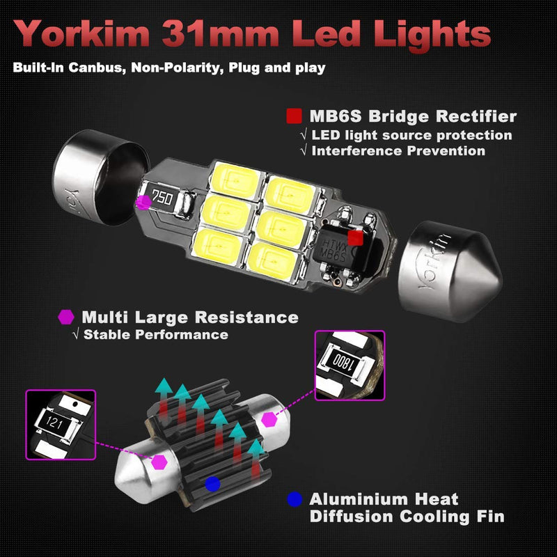 Yorkim DE3022 led bulb Super Bright DE3175 Festoon LED Bulbs White, Error Free Canbus 6-SMD 5730 Chipsets, DE3021 LED Interior Car Lights 31mm LED Bulbs for dome map light - Pack of 4 - LeoForward Australia