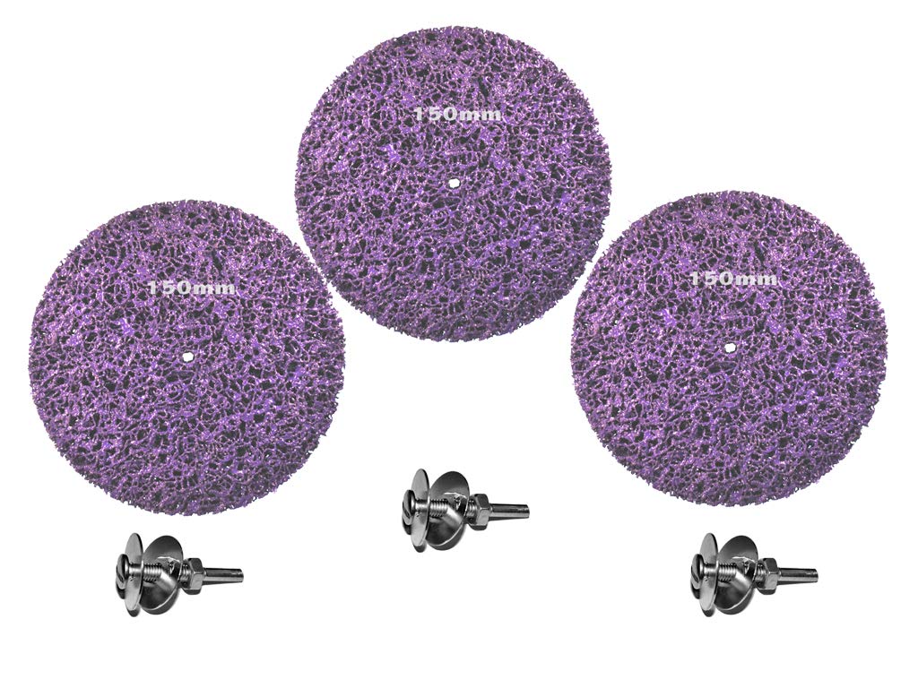  [AUSTRALIA] - Pack of 3 cleaning discs CSD Ø 150mm purple with clamping shaft/mandrel shaft for drill chuck or flexible shaft. Coarse cleaning disc CBS Clean Strip Disc Premium nylon fabric disc