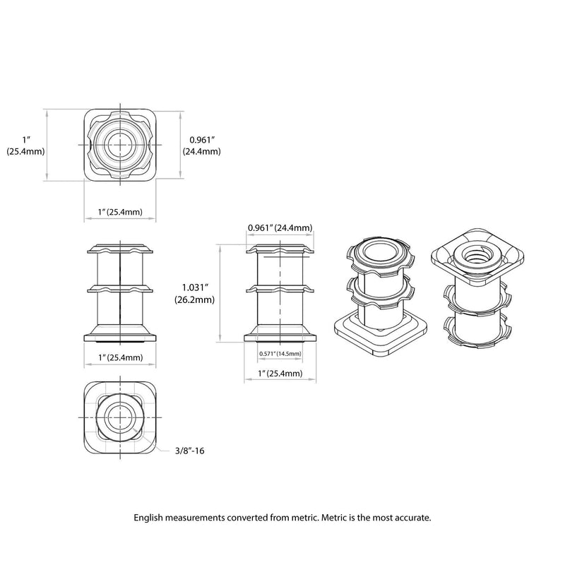  [AUSTRALIA] - (Pack of 20) Outwater Square Double Star Metal Caster Insert with Thread DS71-326. Thread: 3/8-16, Outside Diameter of Tube: 1", Gauge of Tube: 16/18 1 inch