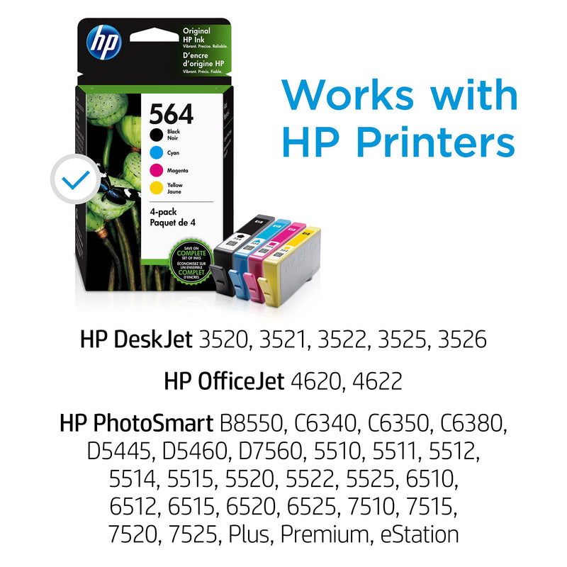  [AUSTRALIA] - Original HP 564 Black, Cyan, Magenta, Yellow Ink (4-pack) | Works with DeskJet 3500; OfficeJet 4620; PhotoSmart B8550, C6300, D5400, D7560, 5500, 6510, 6520, 7500, Plus, Premium, eStation | 3YQ22AN