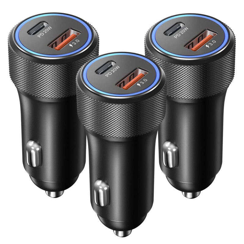  [AUSTRALIA] - USB C Car Charger, OKRAY 3-Pack 36W Fast Charging Dual Port PD3.0&QC3.0 USB Type C Car Charger Cigarette Lighter Adapter with LED Compatible with iPhone 14/13/12/11, Galaxy S22 S21 Note 20 10 (Black) Black
