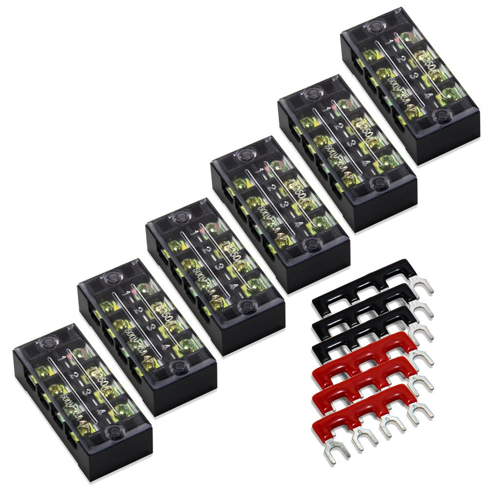  [AUSTRALIA] - MILAPEAK Terminal Block and Strip - 12pcs (6 Sets) 4 Positions Dual Row 600V 25A Screw Terminal Strip Blocks with Cover + 400V 25A 4 Positions Pre-Insulated Terminals Barrier Strip Black & Red 25A 4P+6pcs Jumpers