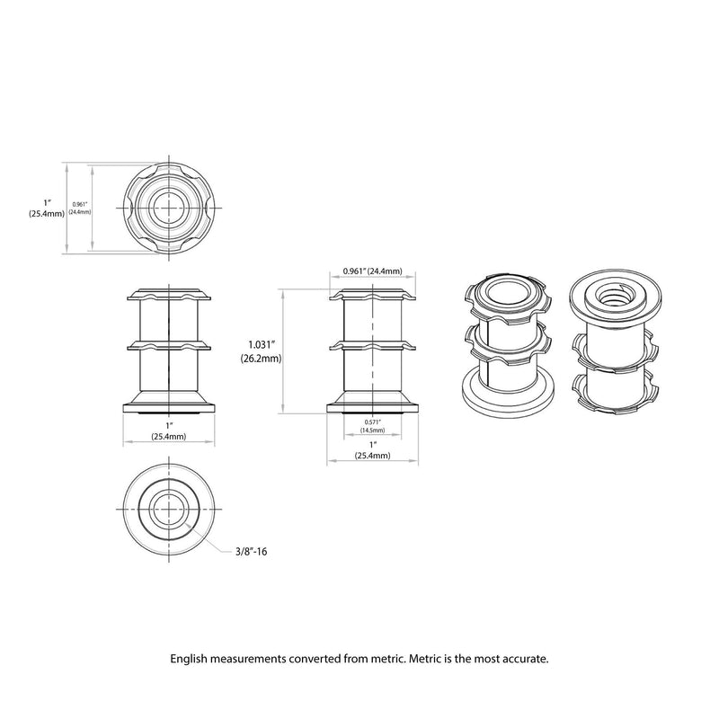  [AUSTRALIA] - (Pack of 20) Outwater Round Double Star Metal Caster Insert with Thread DS72-326. Thread: 3/8-16, Outside Diameter of Tube: 1", Gauge of Tube: 16-18 Fits 1'' Tube