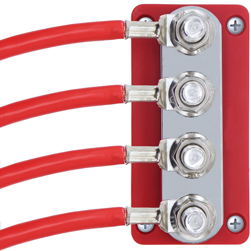  [AUSTRALIA] - AMOMD Heavy-Duty 600A Bus Bar 300V AC/12-48V DC 4-Studs (3/8") M10 High Current Copper Busbar Terminal Block Marine Battery Ground Distribution Block with Cover (Red) 4 Studs Red