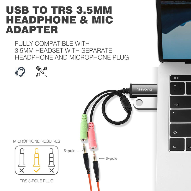  [AUSTRALIA] - USB Audio Adapter, DuKabel USB to 3.5mm Jack TRS AUX Adapter for Built-in Chip USB Sound Card for Headset with Separate Plug TRS 3 Pole Microphones [Metal Housing & Durable Braided / 9.8inch] 9.8 inch / 25 cm