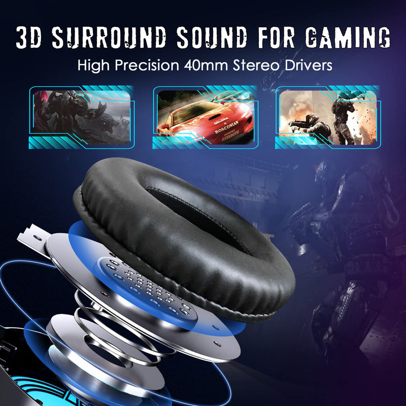  [AUSTRALIA] - INHANDA Gaming Headset,Over-Ear Gaming Headphones with Noise Canceling Mic,Stereo Bass Surround Sound,Soft Memory Earmuffs LED Light PS4 Gaming Headset Compatible with PC,Laptop,PS4,PS5