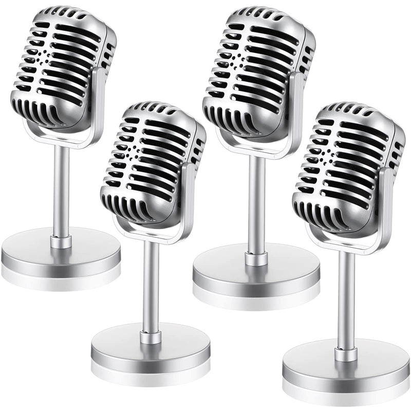  [AUSTRALIA] - 4 Pcs Retro Microphone Props Model Vintage Plastic Microphone Antique Fake Microphone Toy Microphone Stage Table Decor for Halloween Wedding Birthday Party Decorations Pretend Play (Silver) Silver