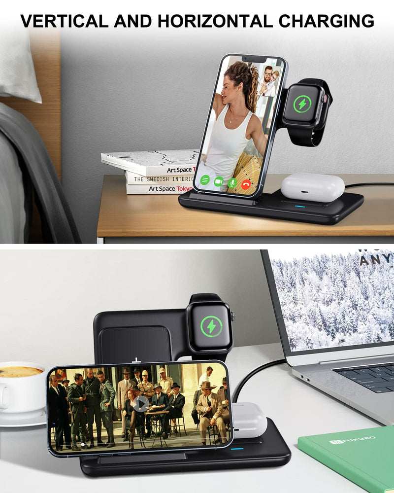  [AUSTRALIA] - Wireless Charging Station, 3 in 1 Wireless Charger Compatible with iPhone 14/13 Pro/13/12/11/Pro/SE/XS/XR/X/8 Plus/8, 18W Wireless Charging Dock Stand for Apple Watch Series & Airpods (with Adapter) Awireless charger -black