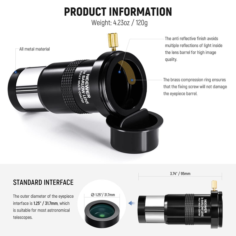  [AUSTRALIA] - NEEWER 3X Barlow Len for 1.25" Telescope Eyepiece, Multi Coated Triple Magnification Telescope Lens Accessory, Fully Metal Build with M42 Thread to Connect to DSLR or SLR Camera, LS-T11