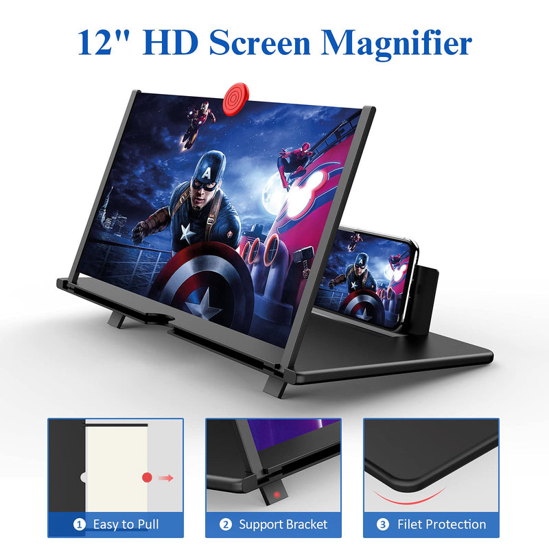  [AUSTRALIA] - 12" Screen Magnifier –3D HD Mobile Phone Magnifier Projector Screen for Movies, Videos, and Gaming–Foldable Phone Stand with Screen Amplifier–Supports All Smartphones(Black) Black