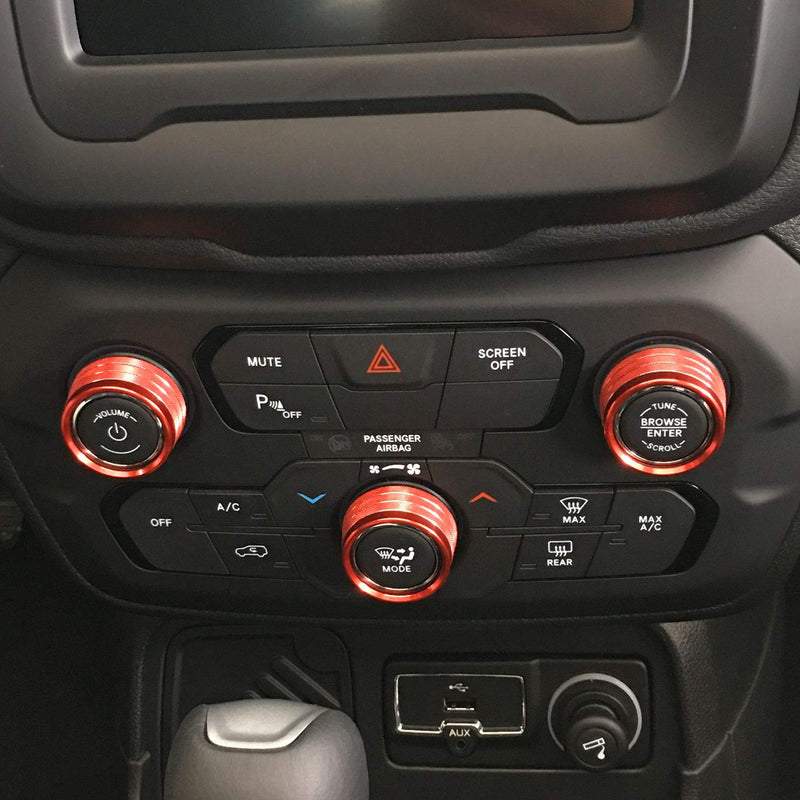  [AUSTRALIA] - JeCar Air Conditioner Switch Knob Cover Aluminum Alloy Audio Trim Cover for 2018-2019 Jeep Renegade, Red