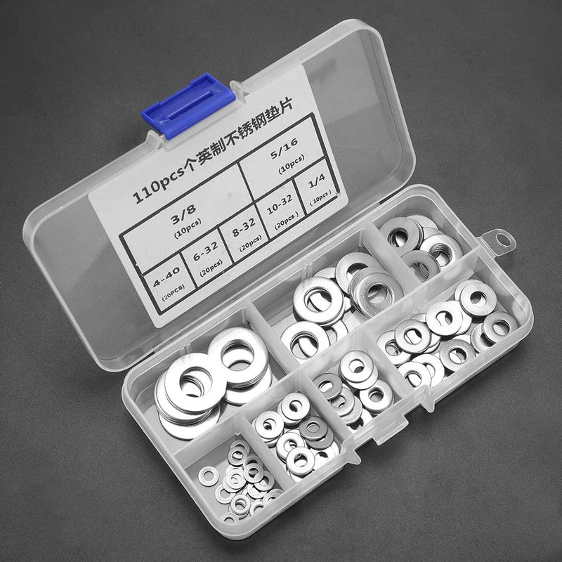  [AUSTRALIA] - YUANJS, Washer,110pcs Imperial Standard Stainless Steel Flat Washer Plain Washers Assortment Kit with Box