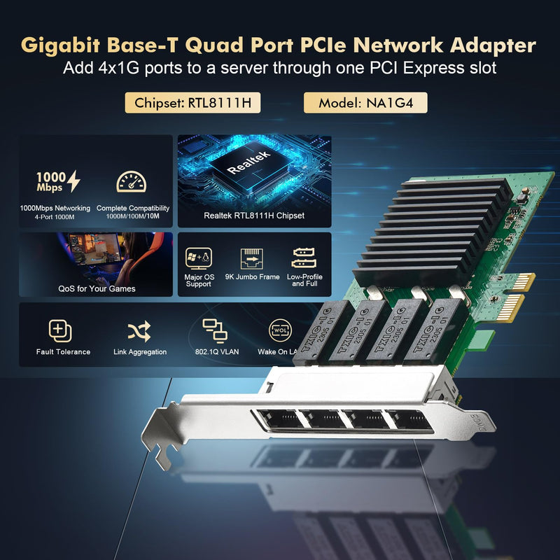  [AUSTRALIA] - Binardat 4 Port Gigabit PCIe Network Adapter, Realtek RT8111H Controller 1000/100Mbps Ethernet LAN NIC Card for Windows/Linux/Mac 4x1 Gigabit