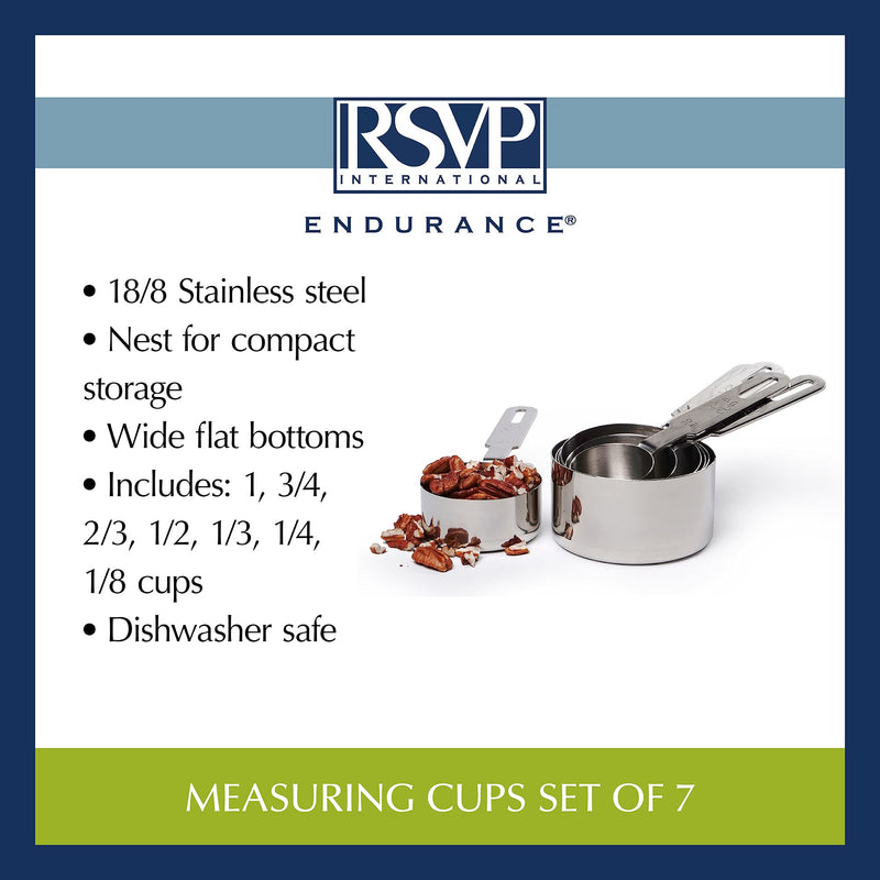 RSVP International Endurance Stainless Steel Measuring Cups, Set of 7 | 1/8 Cup to 1 Cup Measurements | Nest for Easy Storage | Dishwasher Safe | Dry or Liquid | Baking or Cooking 7 Piece, Nesting Cups Silver - LeoForward Australia