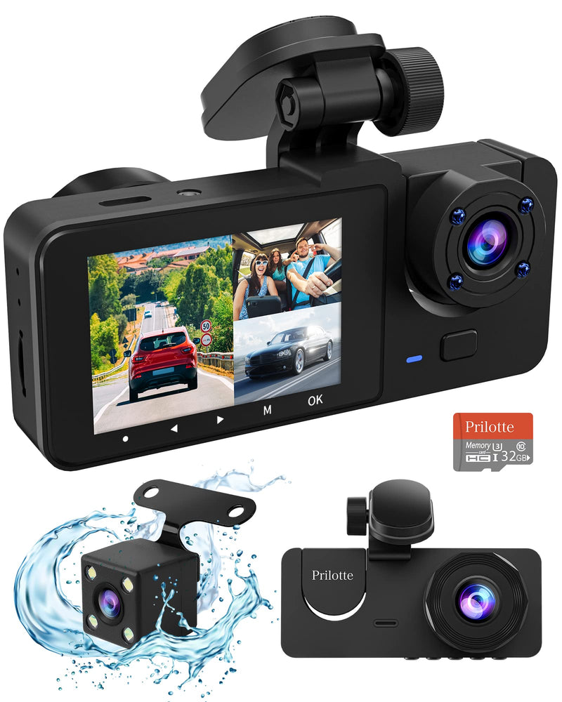  [AUSTRALIA] - 3 Channel Dash Cam Front and Rear Inside,1080P Full HD 170 Deg Wide Angle Dashboard Camera with 32GB SD Card,2.0 inch IPS Screen,Built in IR Night Vision,Parking Mode,G-Sensor,Loop Recording