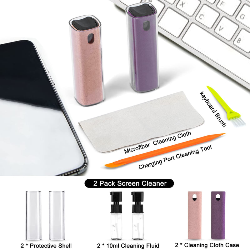  [AUSTRALIA] - 2 Pack Laptop Screen Cleaner Kit, DauMeiQH Touchscreen Mist Spray for Computer, iPad, iPhone, Cell Phone, MacBook, Monitor, TV, Car Screen with Brush,Cloth and Airpod Cleaning Tool (Pink Purple) Purple, Pink