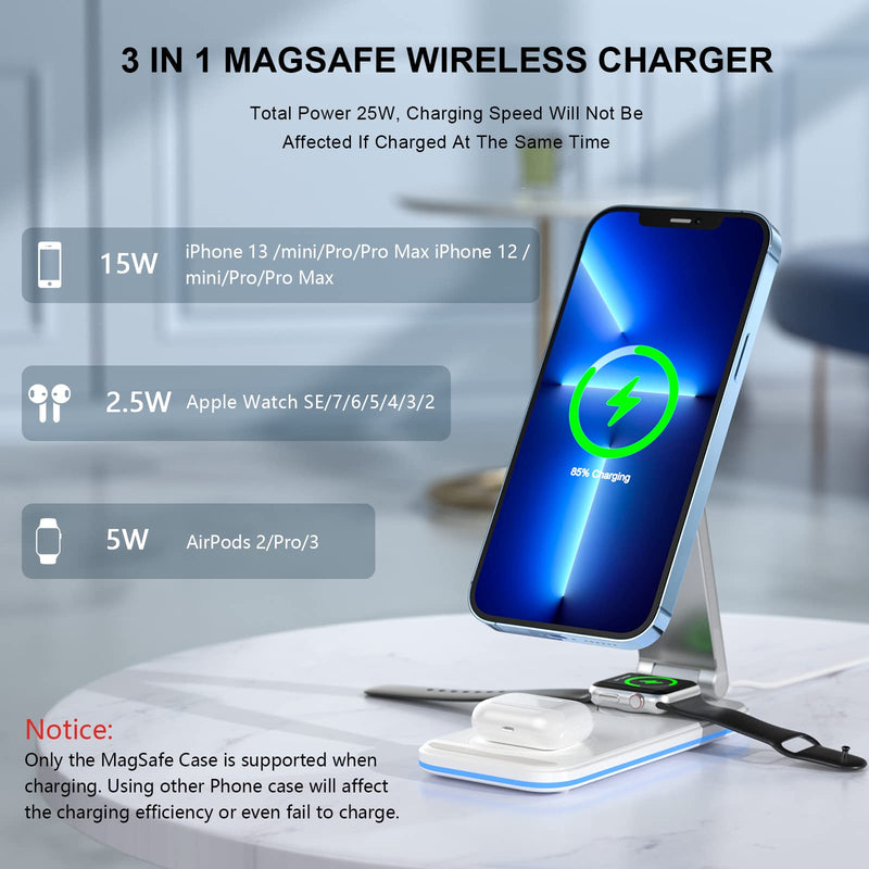  [AUSTRALIA] - Aluminum Alloy Mag-Safe Wireless Charger, BOCLOUD Foldable 3 in 1 Wireless Charging Station Portable Fast Charger Stand for iPhone 14,13,12 Pro Max/Pro/Mini, iWatch 8/SE2/7/6/SE/5/4/3/2, AirPods charger with adapter