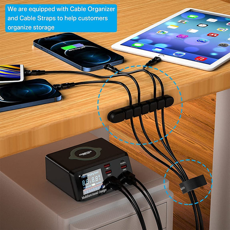  [AUSTRALIA] - USB Charger Hub ASOMETECH 100W 8-Port Desktop Multiple USB Charging Station With Type C Port, Quick Charge 3.0 USB Port, Wireless Charger, LCD Display Fast USB C Charger for iPhone 12, Tablet and More