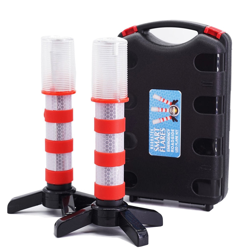  [AUSTRALIA] - 2 LED Emergency Road Flares Red Roadside Beacon Safety Strobe Light Warning Signal Alert Magnetic Base and Upright Stand in Solid Storage case for Car Marine Vehicles Trucks