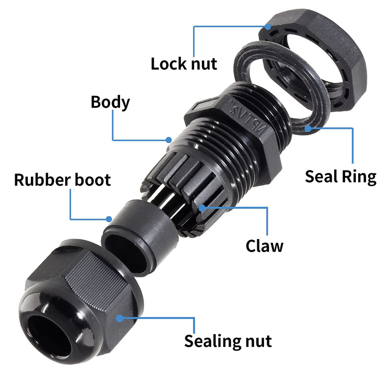  [AUSTRALIA] - Bonsicoky 20Pcs 1/2 NPT Nylon Cable Glands, Waterproof Adjustable Cord Grip Cable Connector Black Strain Relief Wire Protectors for 6-12mm Cable Diameter