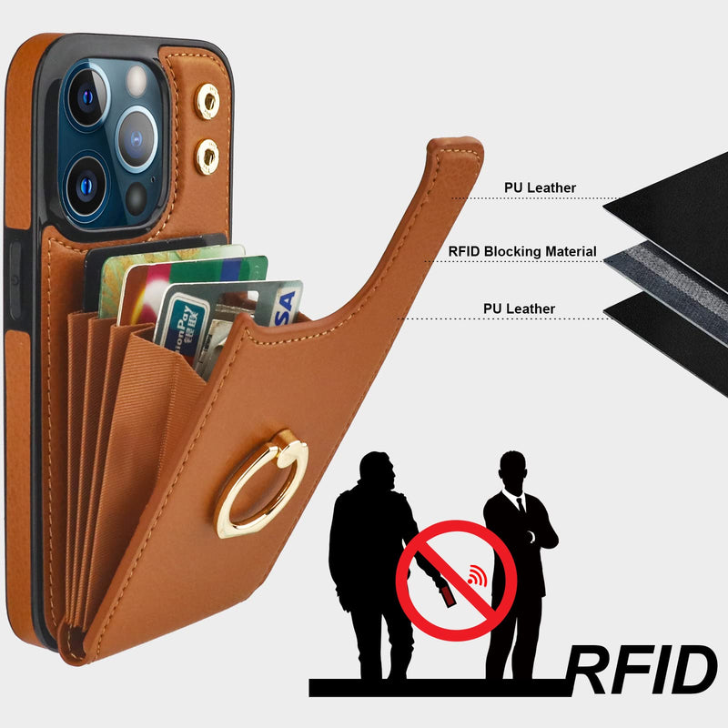  [AUSTRALIA] - Folosu Compatible with iPhone 13 Pro Case Wallet with Card Holder, 360°Rotation Finger Ring Holder Kickstand Protective RFID Blocking PU Leather Double Buttons Flip Shockproof Cover 6.1 Inch Brown