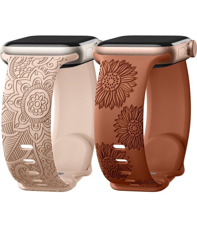  [AUSTRALIA] - Odbeai 2Pack Cute Fancy Engraved Bands Compatible for Apple Watch Band 40mm 41mm 38mm 42mm 44mm 45mm 49mm Women, Soft Silicone Strap for iWatch Bands All Series 8 7 6 5 4 3 2 1 SE Ultra, Multi-pattern B-Milk Tea+Caramel 38mm/40mm/41mm