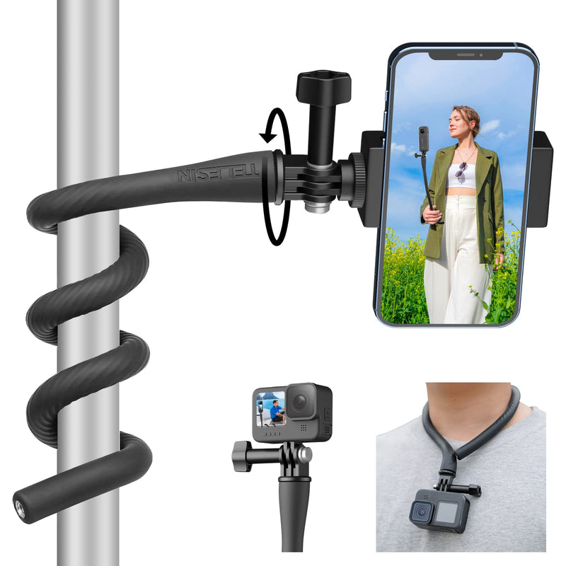  [AUSTRALIA] - TELESIN Flexible Clamp Mount Selfie Stick Extension Pole for GoPro Insta360 Phones, Camera iPhone Android Tripod Stand Neck Holder for Bike, Motorcycle, Boat, Tube, Treadmill, Stroller, Car, Desk Pole with Phone Clip+1/4 Mount+GoPro Adapter