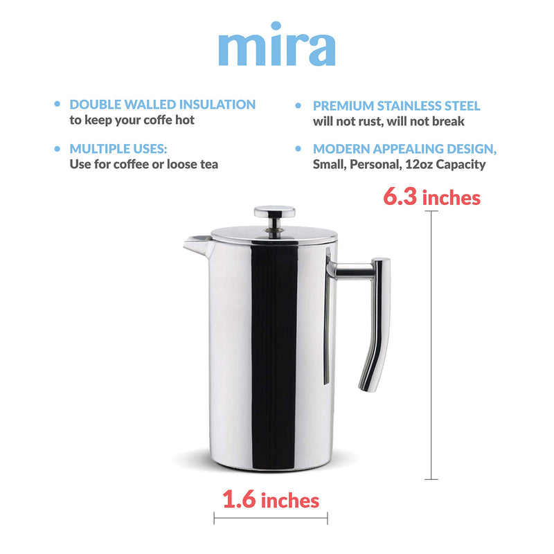 MIRA 12 oz Stainless Steel French Press Coffee Maker | Double Walled Insulated Coffee & Tea Brewer Pot & Maker | Keeps Brewed Coffee or Tea Hot | 350 ml 12 oz (350 ml) French Press - Stainless Steel - LeoForward Australia