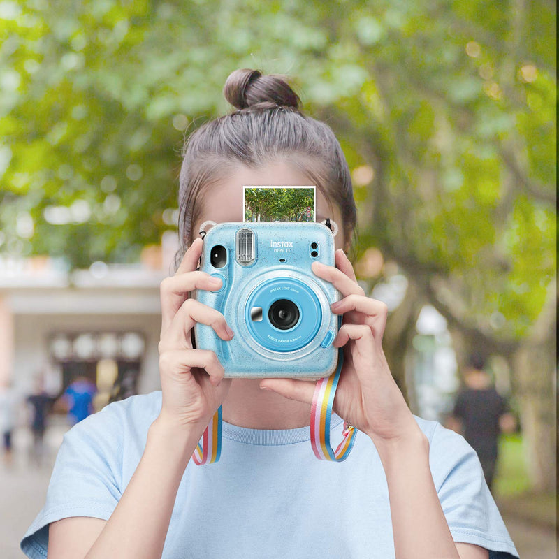  [AUSTRALIA] - Fintie Protective Clear Case for Fujifilm Instax Mini 11 Instant Film Camera - Crystal Hard Shell Cover with Removable Rainbow Shoulder Strap, Glittering Transparent