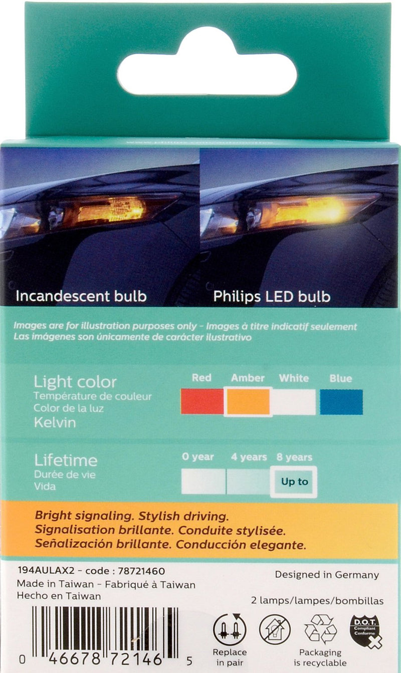  [AUSTRALIA] - PHILIPS 194ALED 194 Ultinon LED Bulb (Amber), 2 Pack