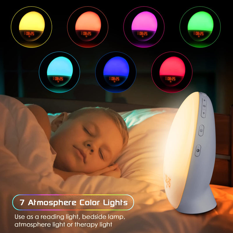  [AUSTRALIA] - Sunrise Alarm Clock Wake Up Light - Light Alarm with Sunrise/Sunset Simulation Dual Alarms and Snooze Function, 7 Colour Atmosphere Lamp, 7 Natural Sounds and FM Radio, Built-in Phone Charging Port