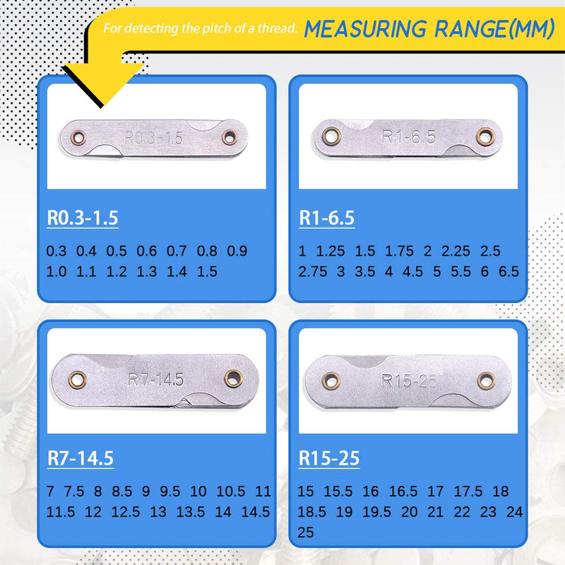  [AUSTRALIA] - Glarks 4 Pack R0.3-1.5/ R1-6.5/ R7-14.5/ R15-25 Radius Gauge Set, Stainless Steel Radius Fillet Gage Portable Concave Convex Measuring Tool for Tool and Die Makers Check