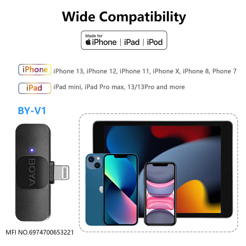  [AUSTRALIA] - BOYA iPhone Dual Microphone, by-V2 Wireless Lavalier Microphone for iPad - Professional Video Recording Lav Mic, 2 Clip-on Microphones for YouTube Interview Vlog Livestream & Podcast Lightning RX-TX-TX